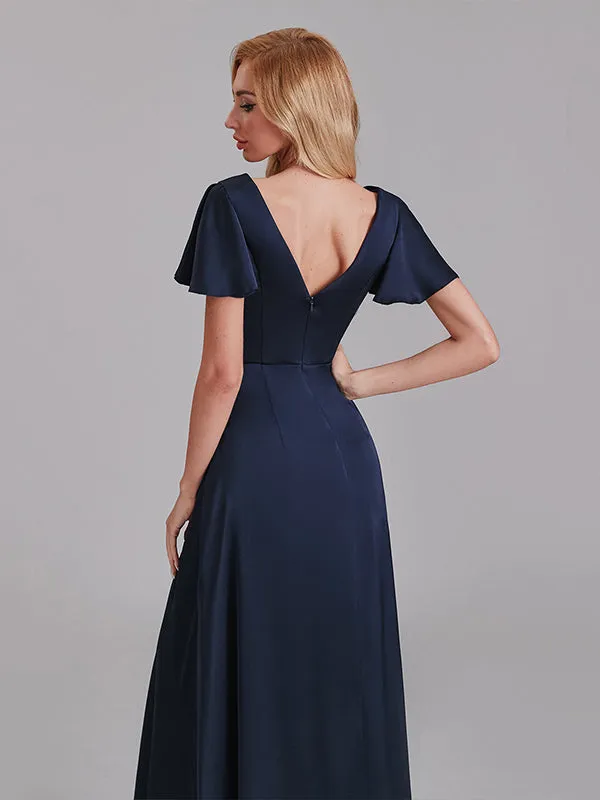 Newest A-Line V-Neck Short Sleeves Pleated Floor-Length Bridesmaid Dresses