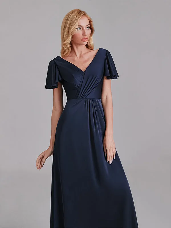 Newest A-Line V-Neck Short Sleeves Pleated Floor-Length Bridesmaid Dresses