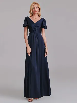 Newest A-Line V-Neck Short Sleeves Pleated Floor-Length Bridesmaid Dresses