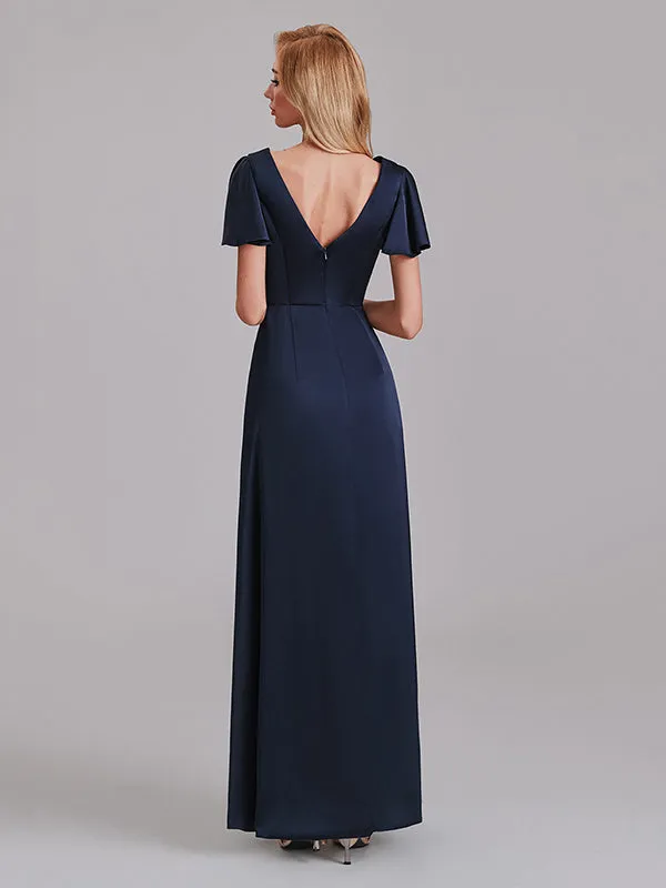 Newest A-Line V-Neck Short Sleeves Pleated Floor-Length Bridesmaid Dresses