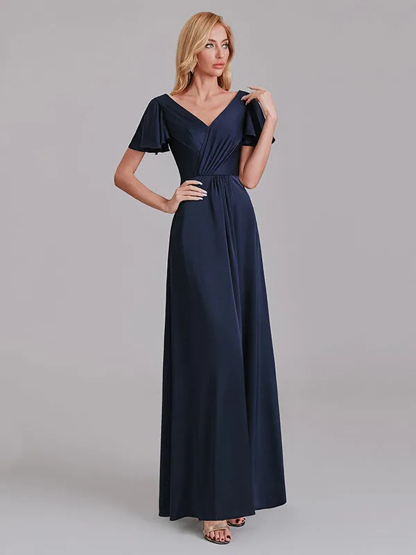 Newest A-Line V-Neck Short Sleeves Pleated Floor-Length Bridesmaid Dresses