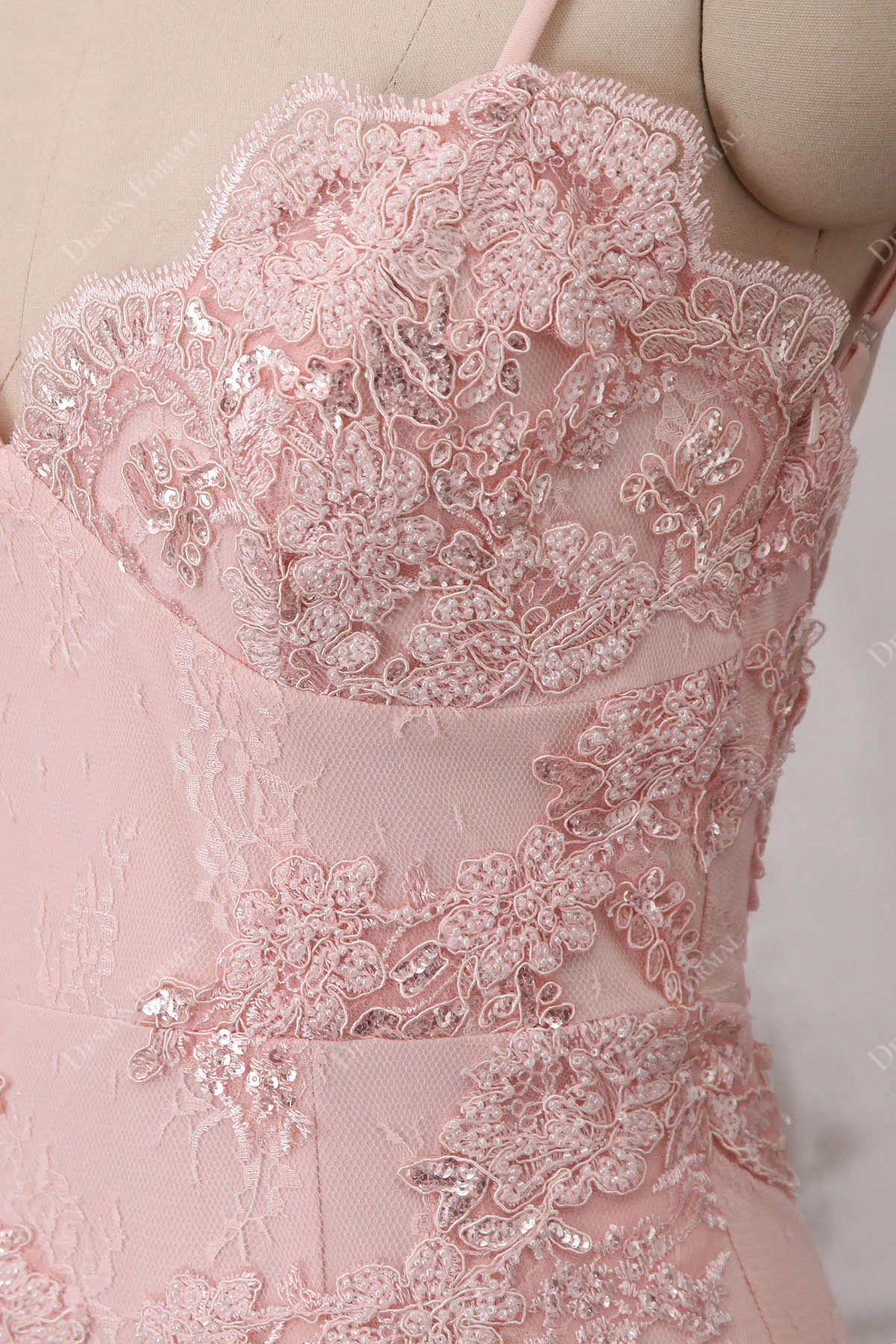 Pink Beaded Lace Sexy Slit Sheath Evening Prom Dress