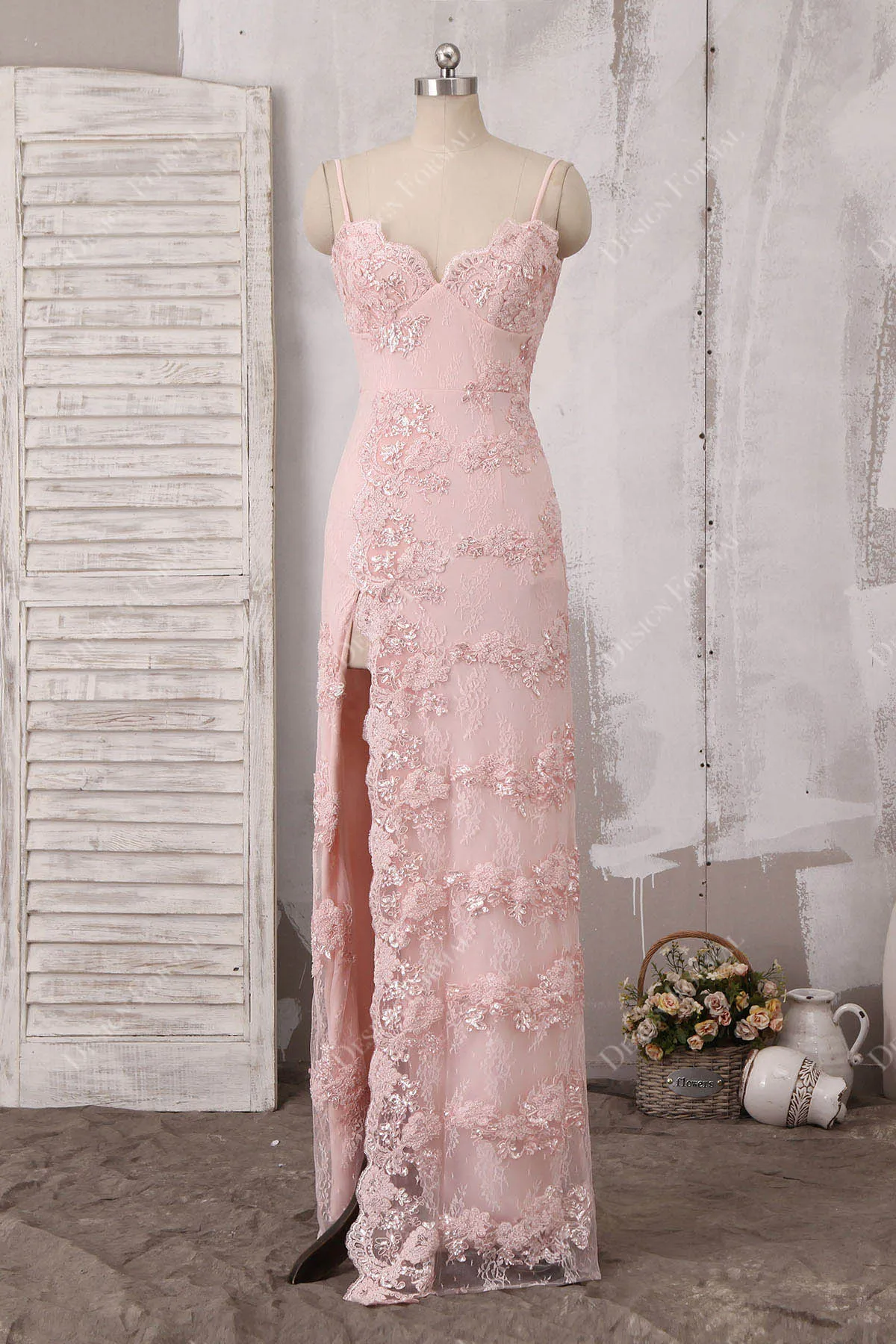 Pink Beaded Lace Sexy Slit Sheath Evening Prom Dress