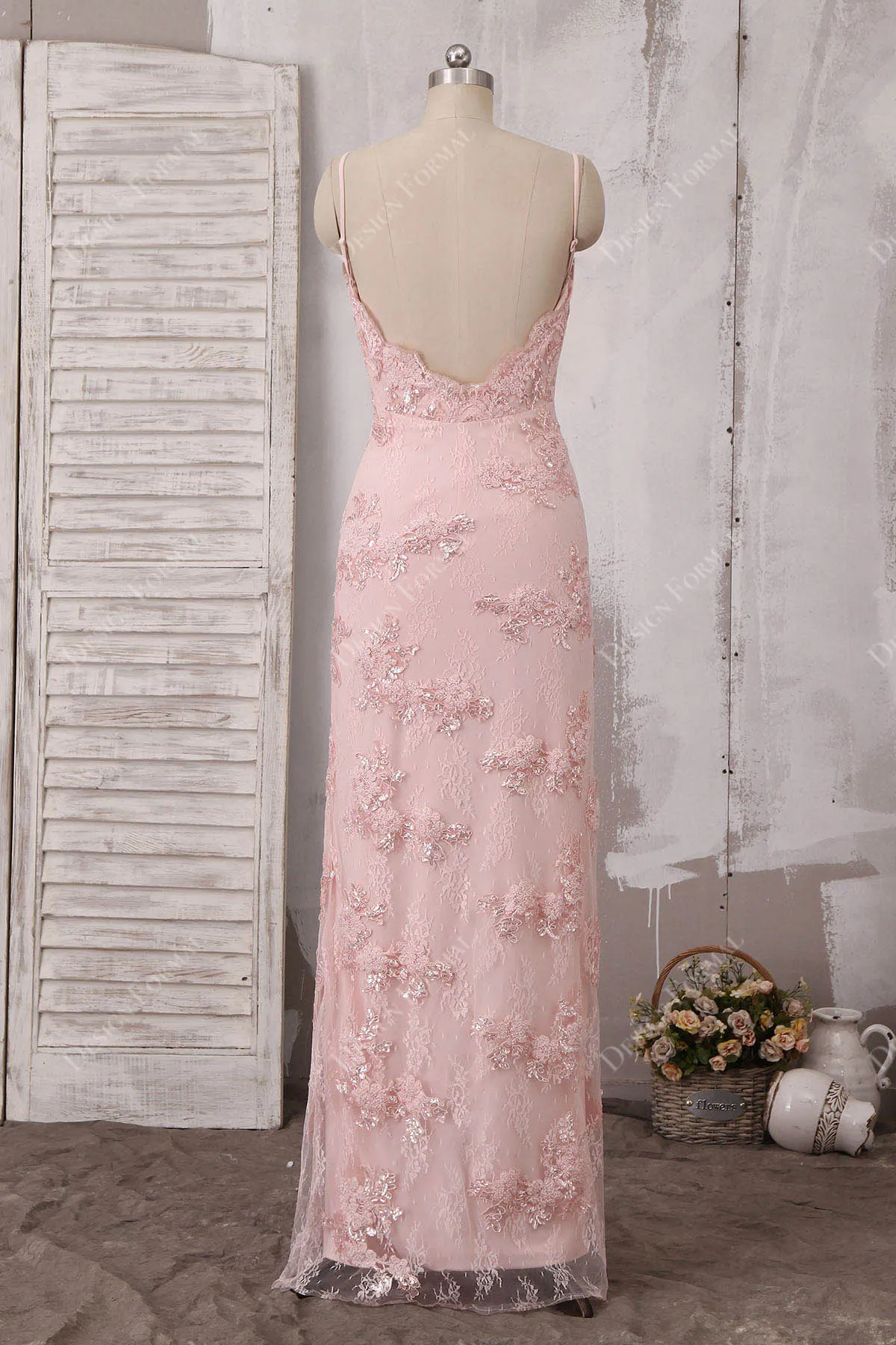 Pink Beaded Lace Sexy Slit Sheath Evening Prom Dress