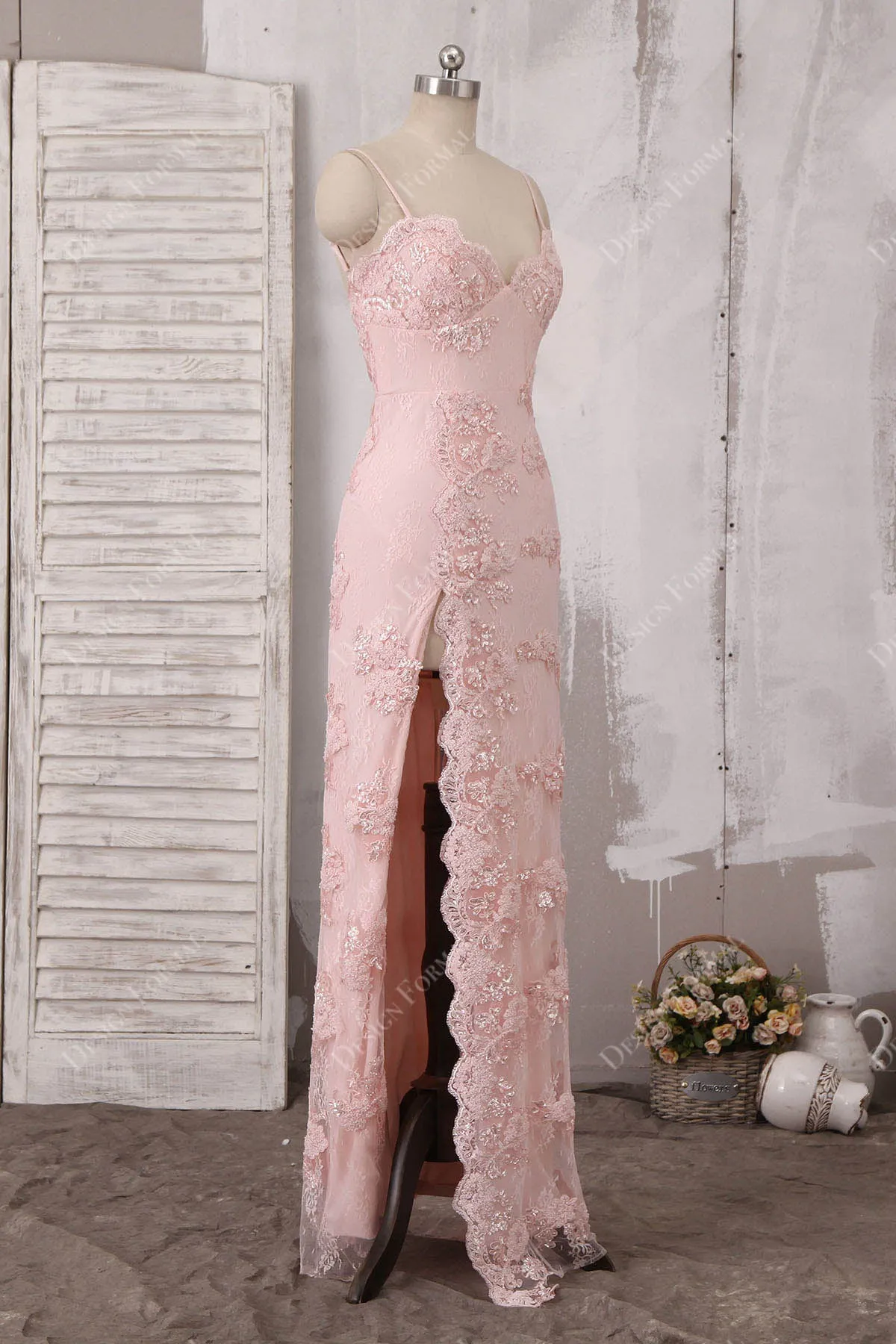 Pink Beaded Lace Sexy Slit Sheath Evening Prom Dress