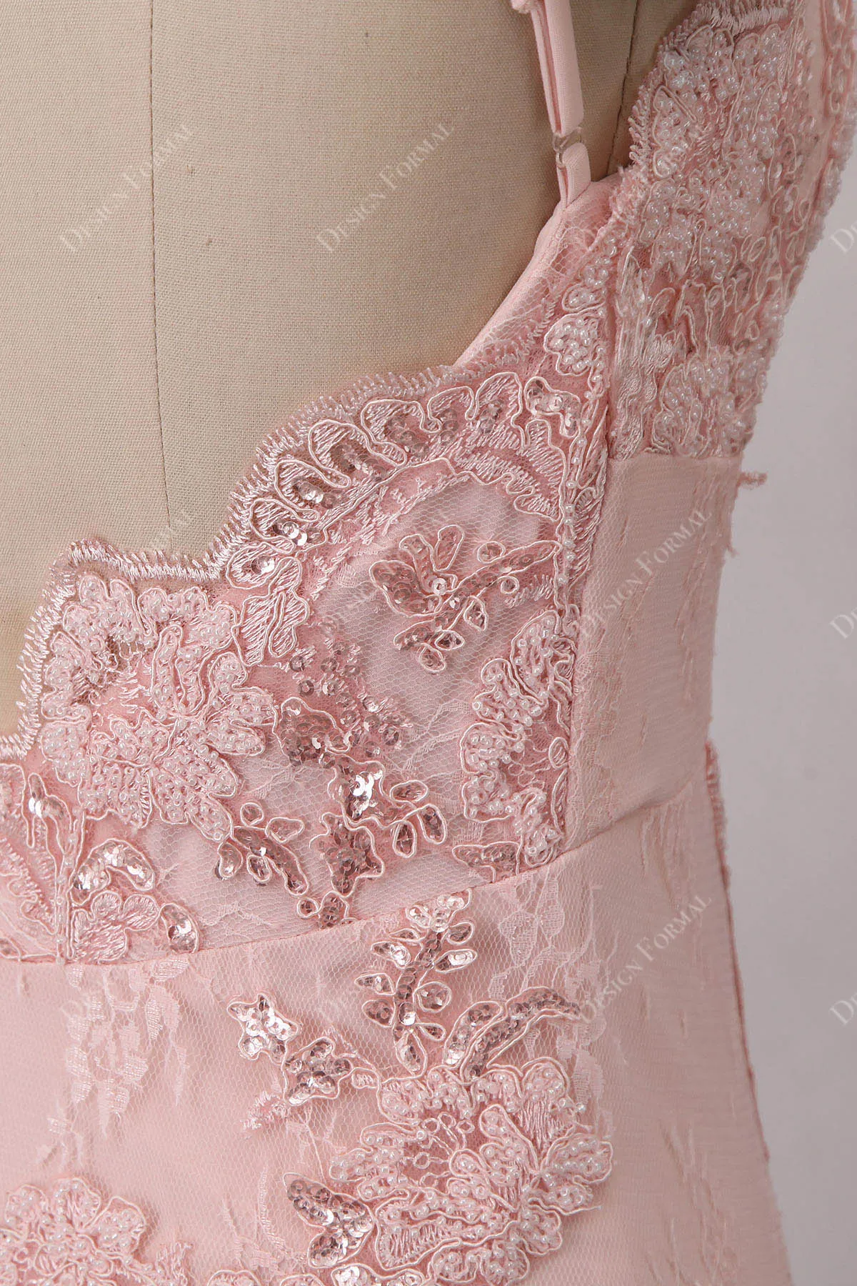 Pink Beaded Lace Sexy Slit Sheath Evening Prom Dress