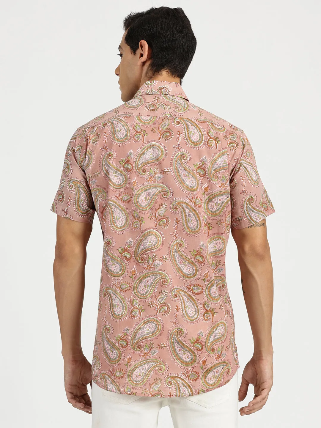 Pink Paisley Ethnic Block Printed Festive Halfsleeves Cotton Shirt