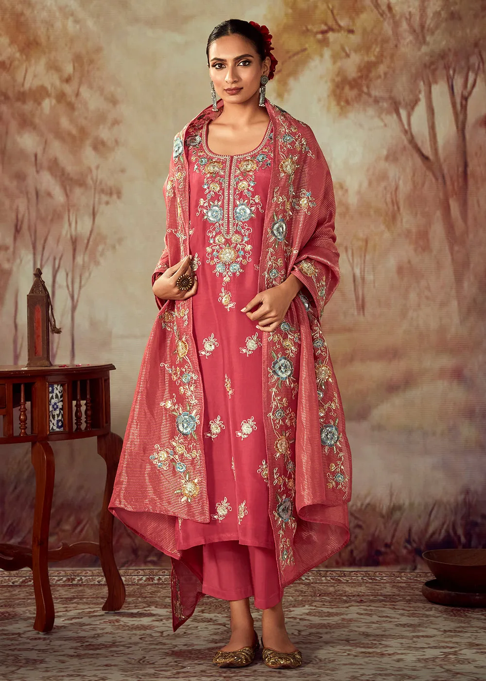 Pink Russian Silk Embroidered Pant Style Salwar Kurta