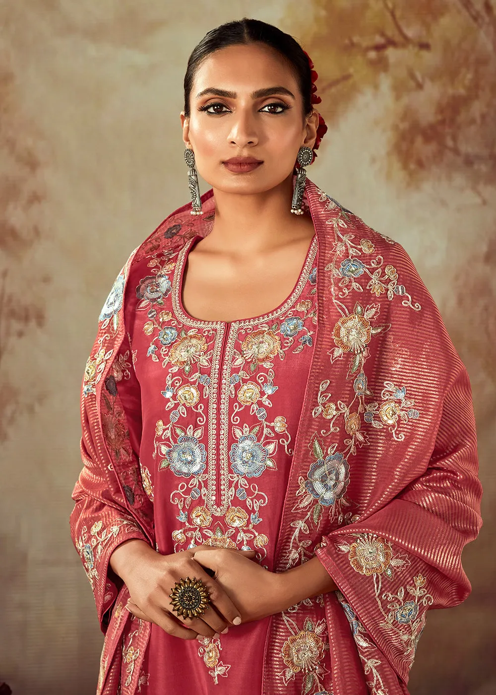 Pink Russian Silk Embroidered Pant Style Salwar Kurta