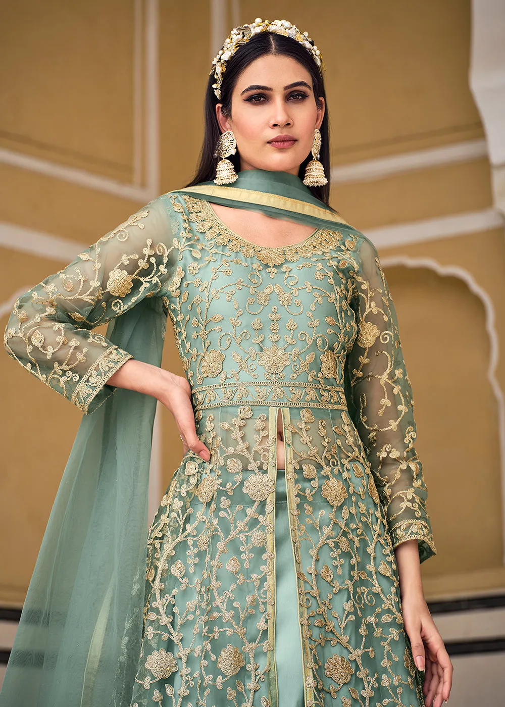 Pistachio Green Skirt & Pant Style Designer Anarkali Suit