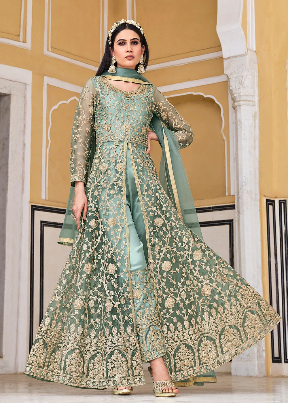 Pistachio Green Skirt & Pant Style Designer Anarkali Suit