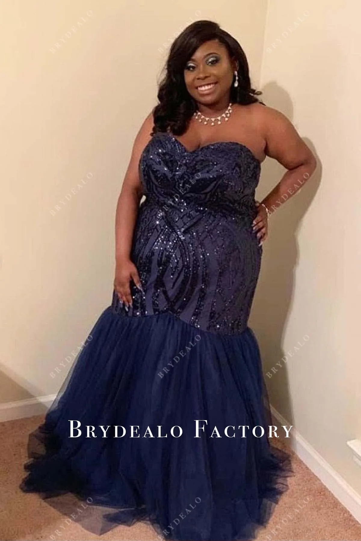 Plus Size Dark Navy Sequined Strapless Mermaid Prom Dress