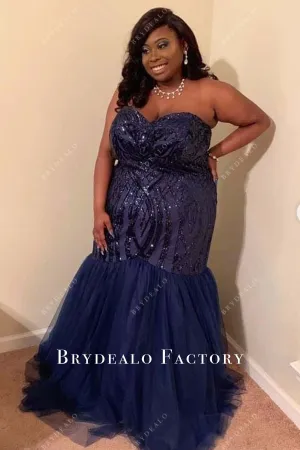 Plus Size Dark Navy Sequined Strapless Mermaid Prom Dress