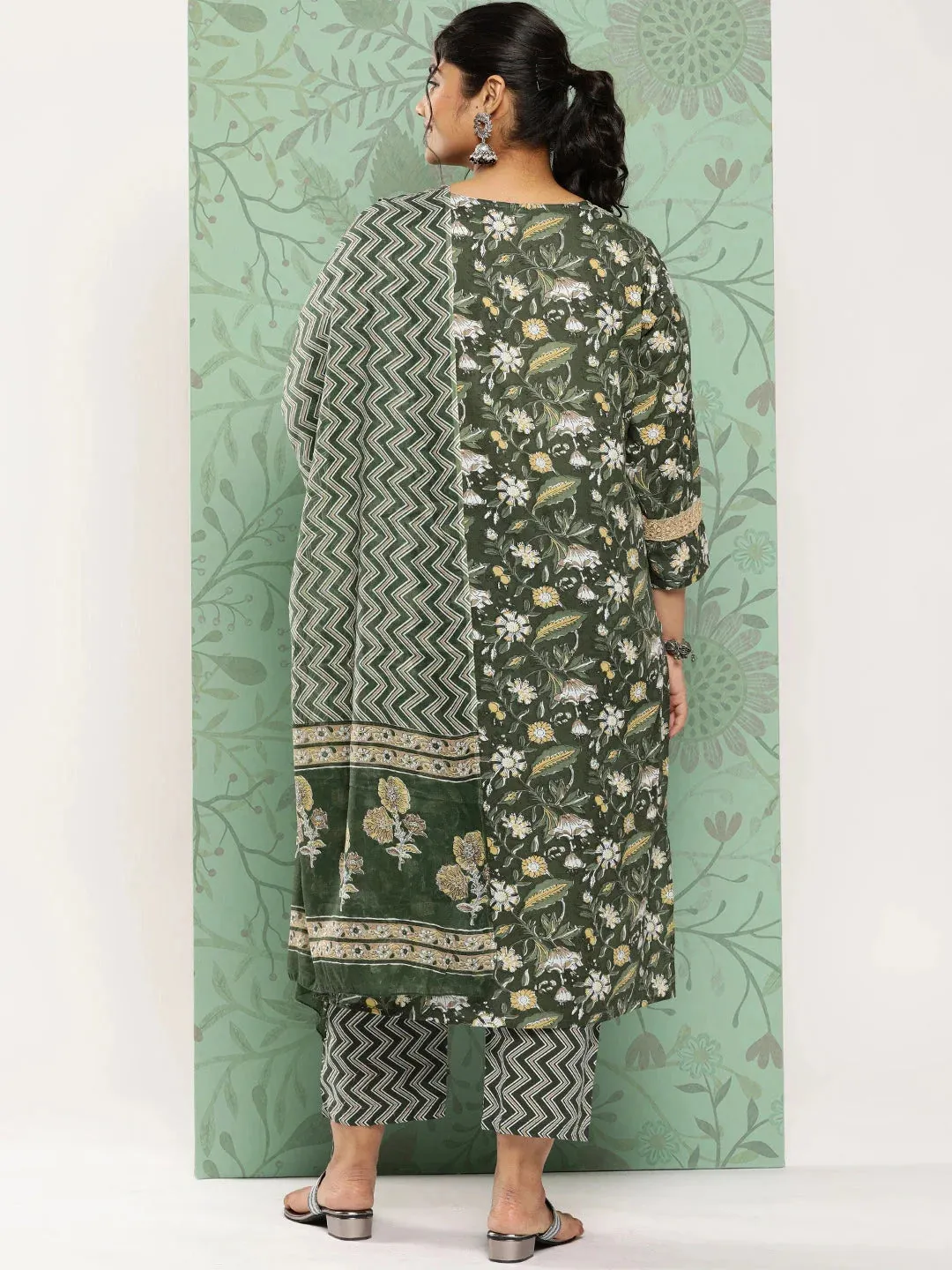 Plus Size Printed Sequinned Cotton Kurta Dupatta Set