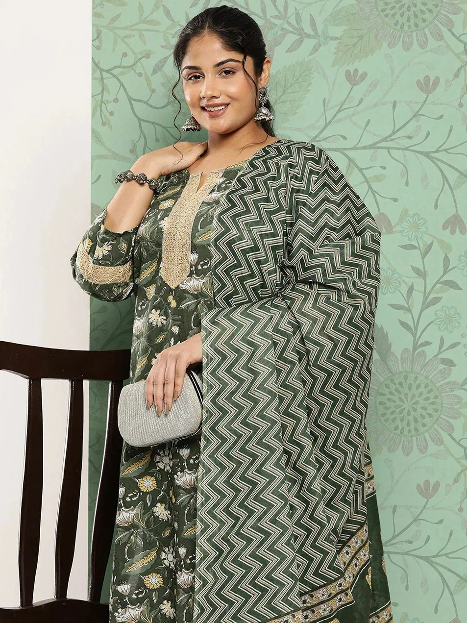 Plus Size Printed Sequinned Cotton Kurta Dupatta Set