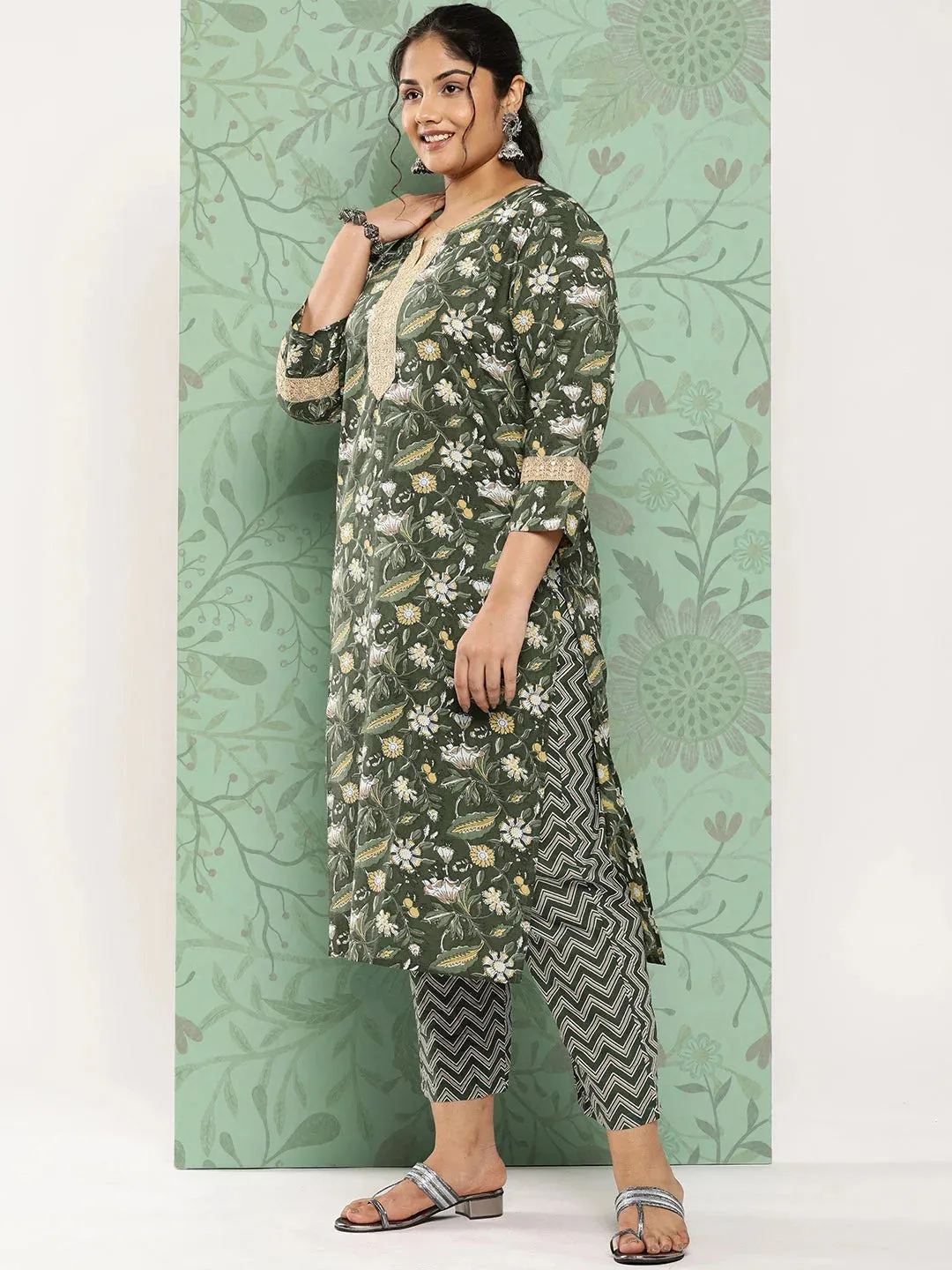 Plus Size Printed Sequinned Cotton Kurta Dupatta Set