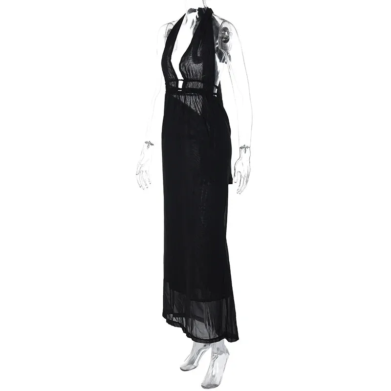 Pre Order:  Patchwork V-Neck Backless Lace Up Maxi Dress