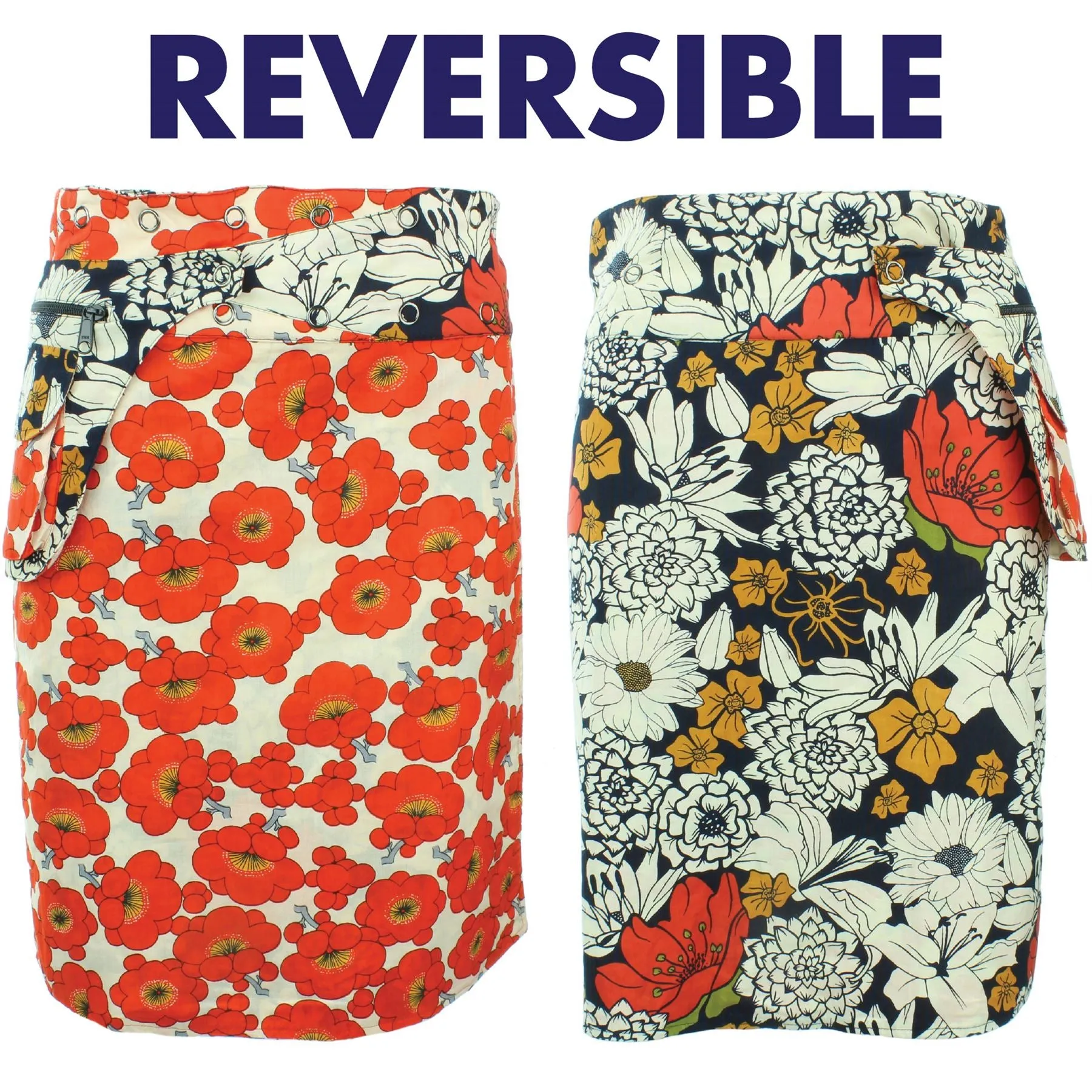 Reversible Popper Wrap Knee Length Skirt - Floral / Japanese Floral