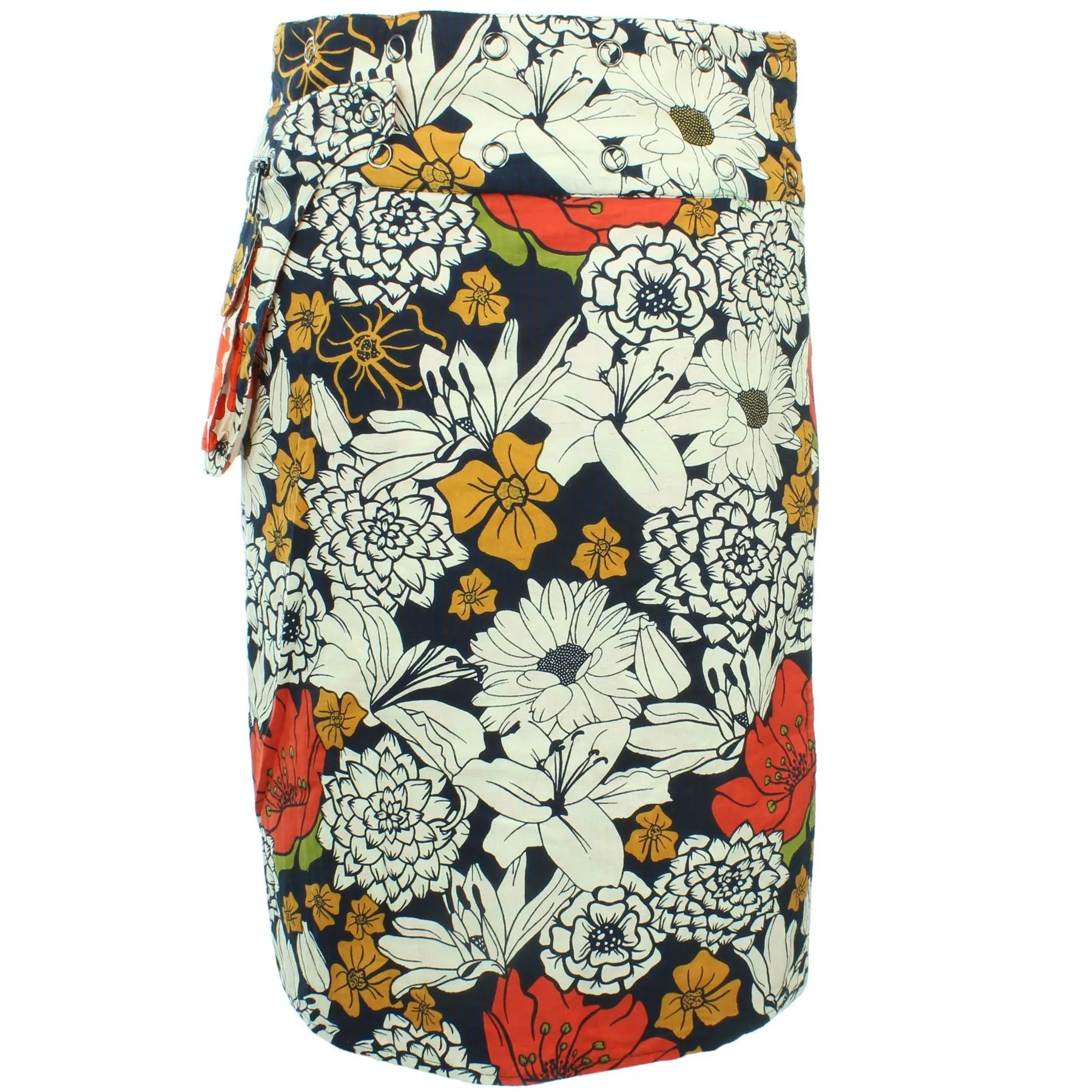 Reversible Popper Wrap Knee Length Skirt - Floral / Japanese Floral