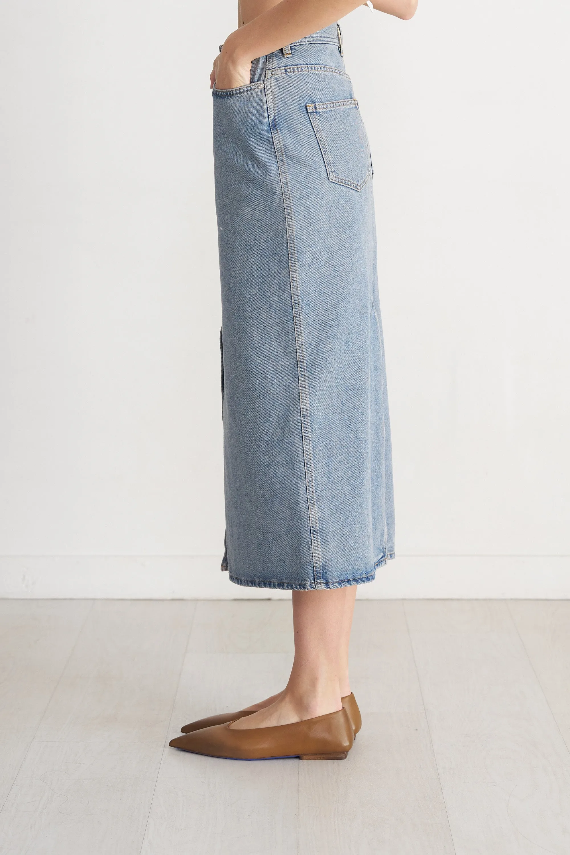 Rona Long Denim Skirt, Washed Light Blue