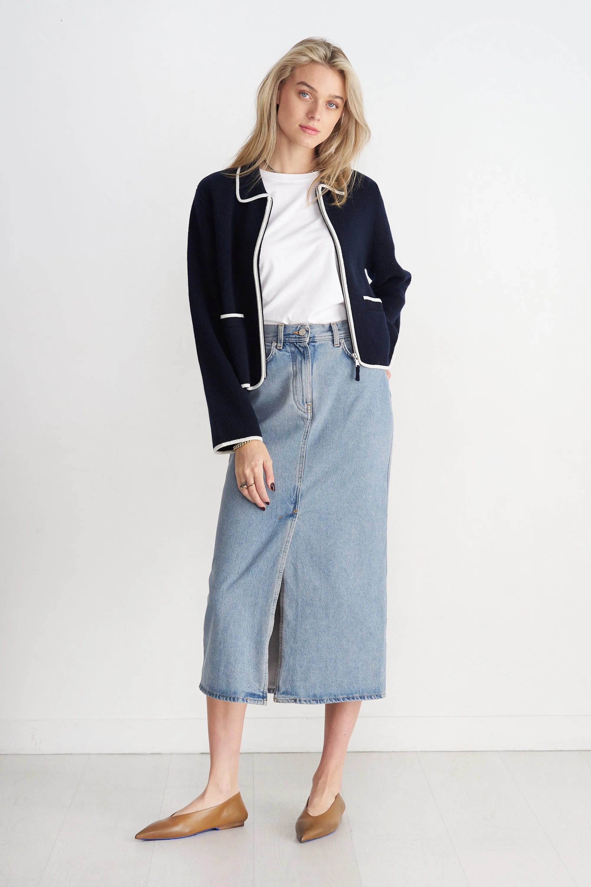 Rona Long Denim Skirt, Washed Light Blue