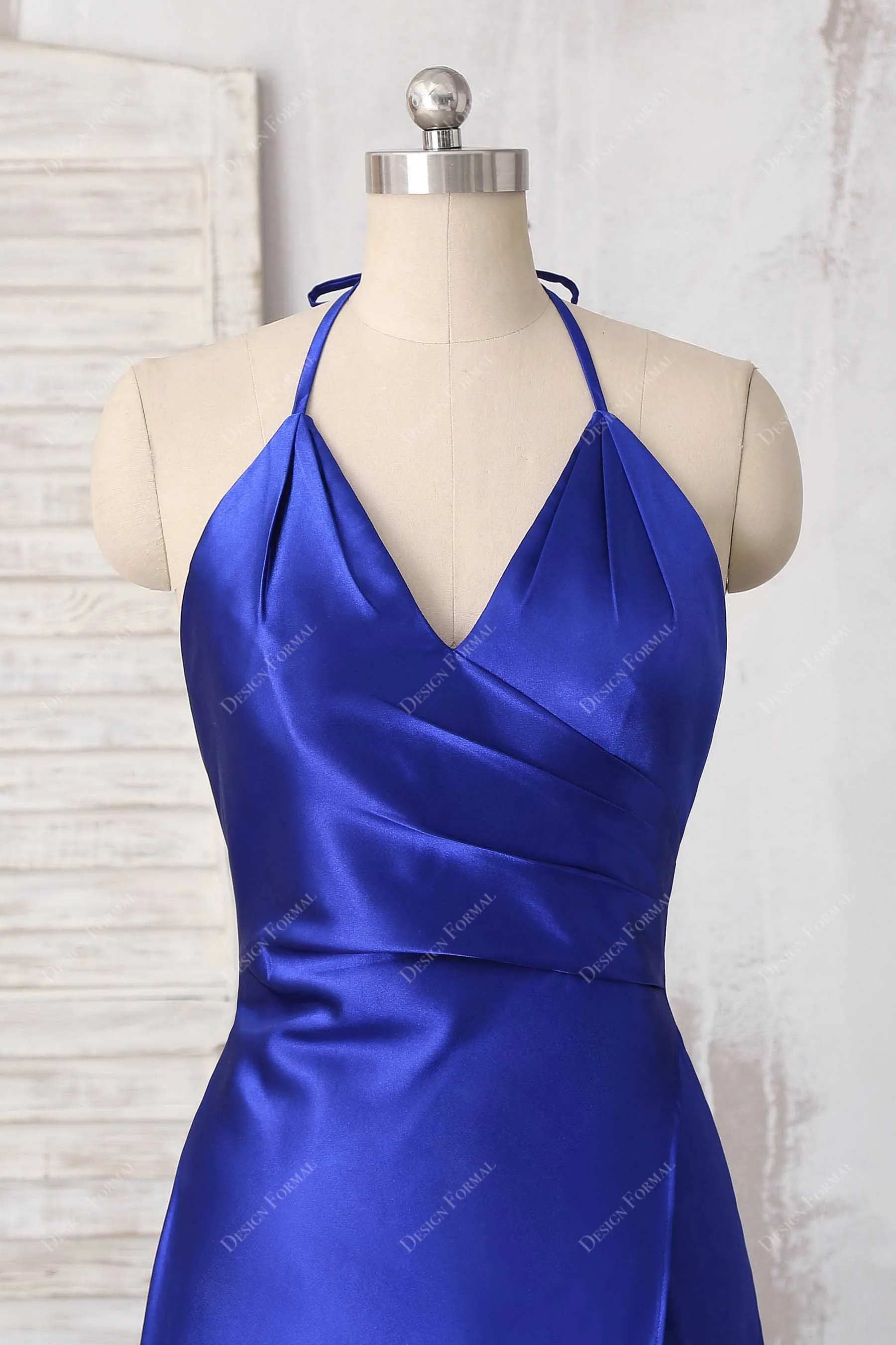 Royal Blue Satin Halter Thin Straps Sexy Slit Simple A-line Prom Dress