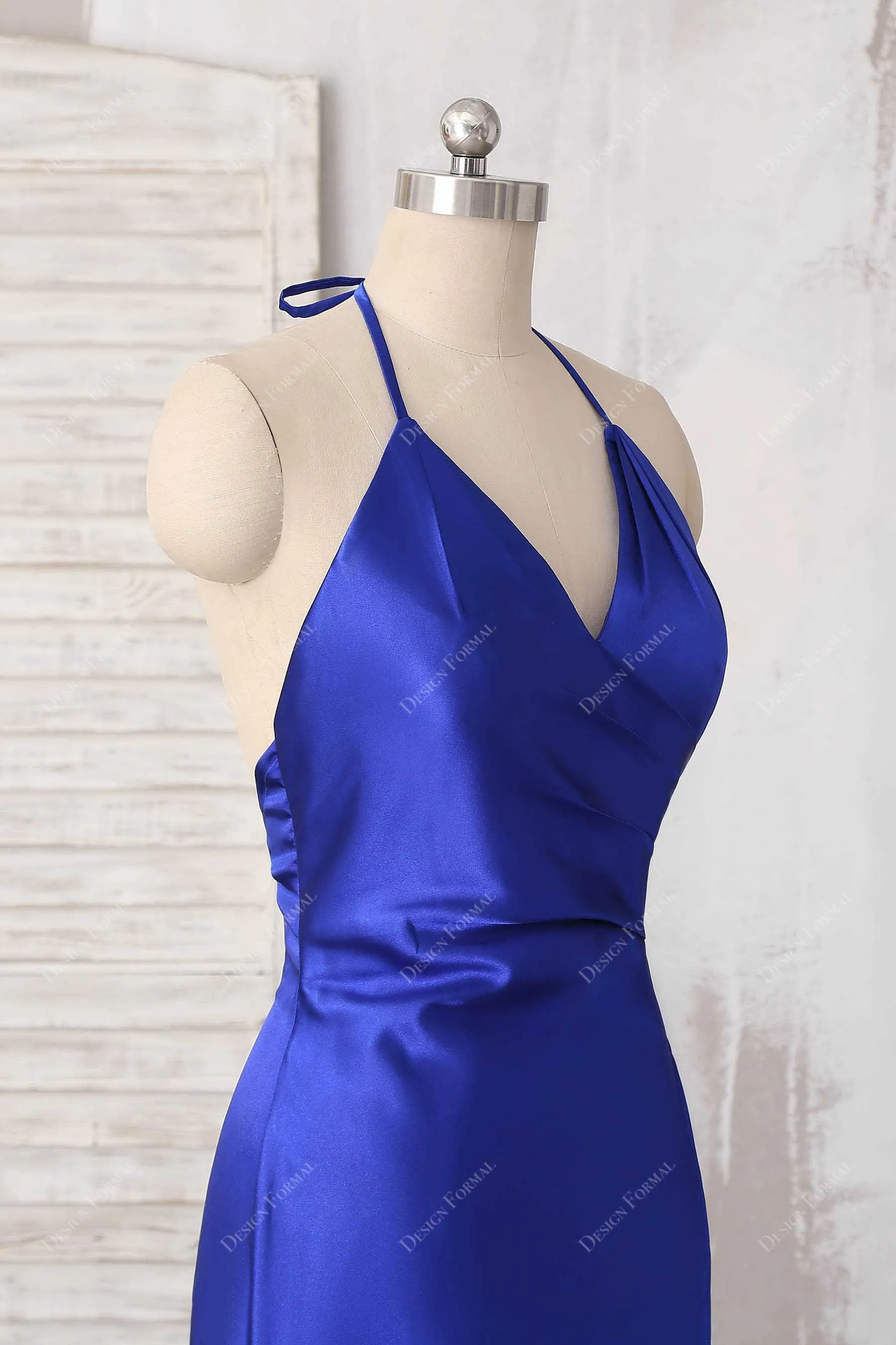 Royal Blue Satin Halter Thin Straps Sexy Slit Simple A-line Prom Dress