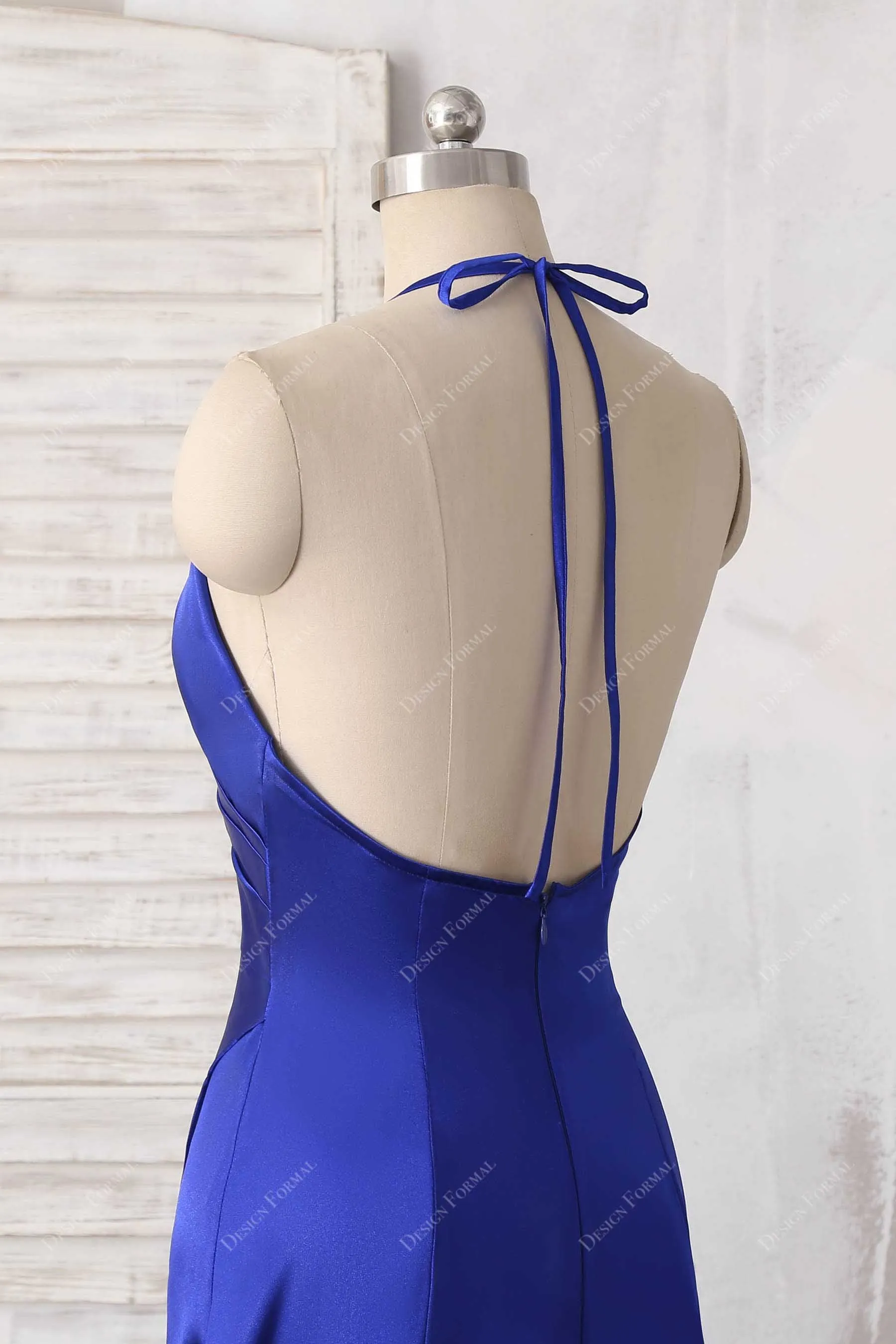 Royal Blue Satin Halter Thin Straps Sexy Slit Simple A-line Prom Dress