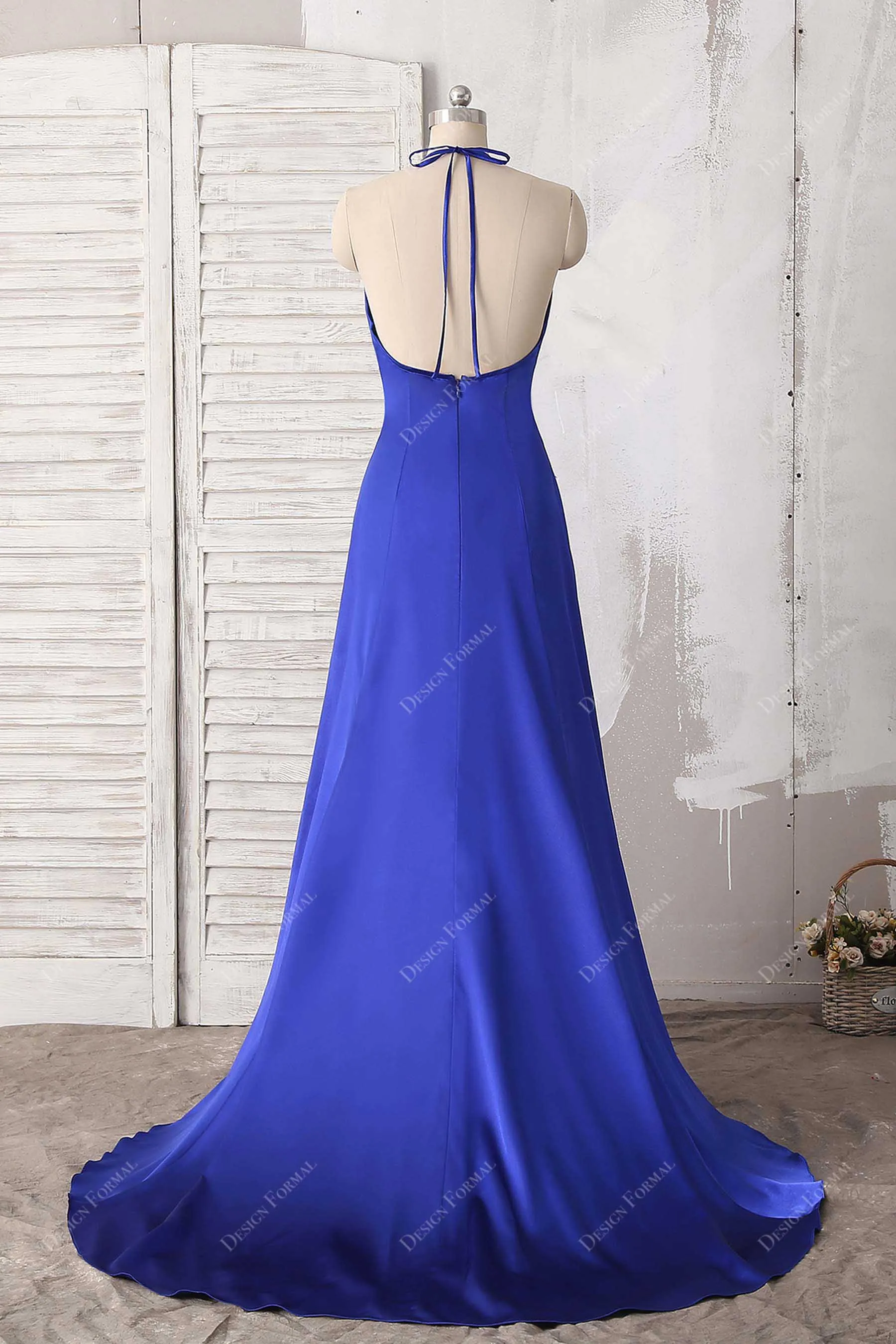 Royal Blue Satin Halter Thin Straps Sexy Slit Simple A-line Prom Dress