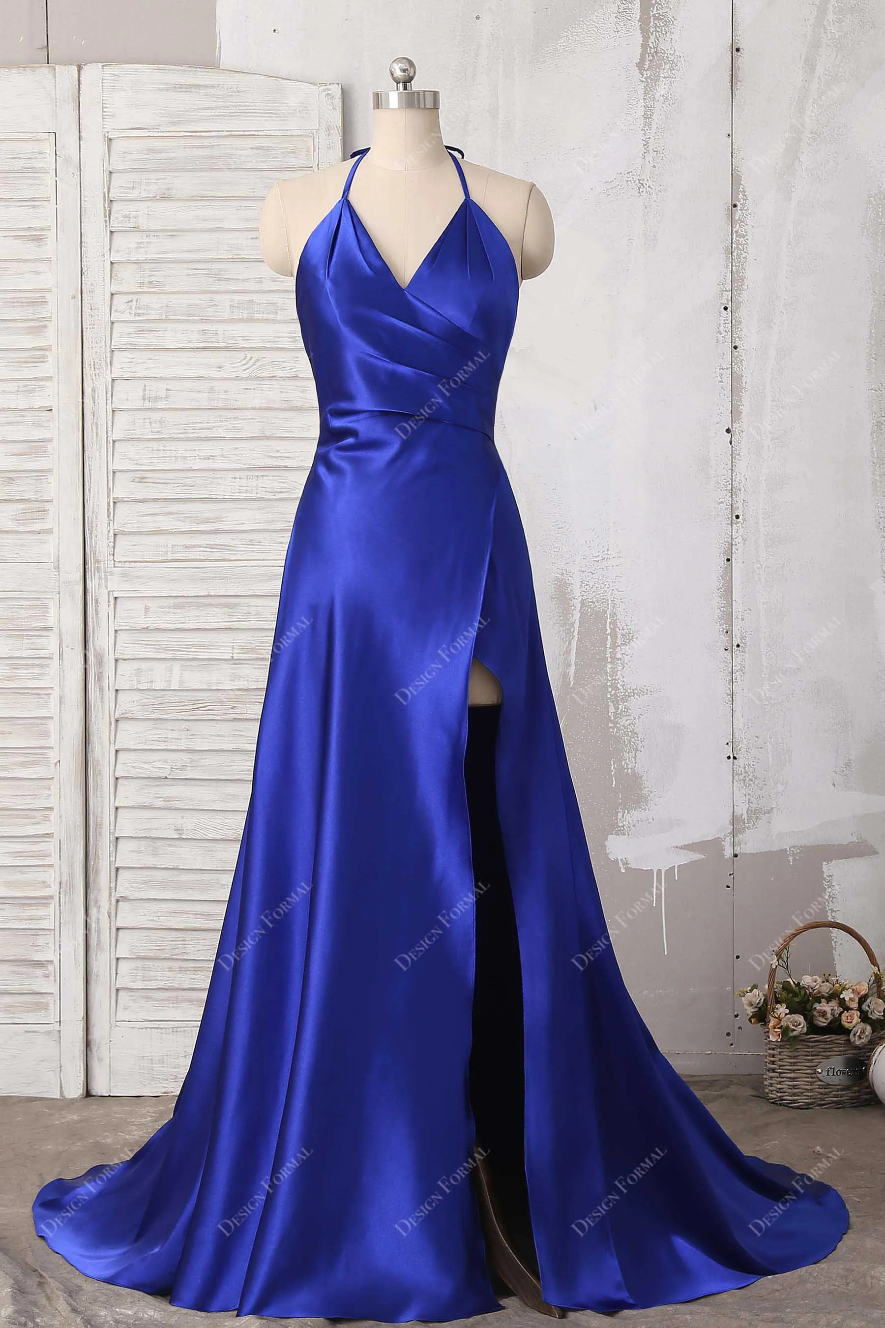 Royal Blue Satin Halter Thin Straps Sexy Slit Simple A-line Prom Dress