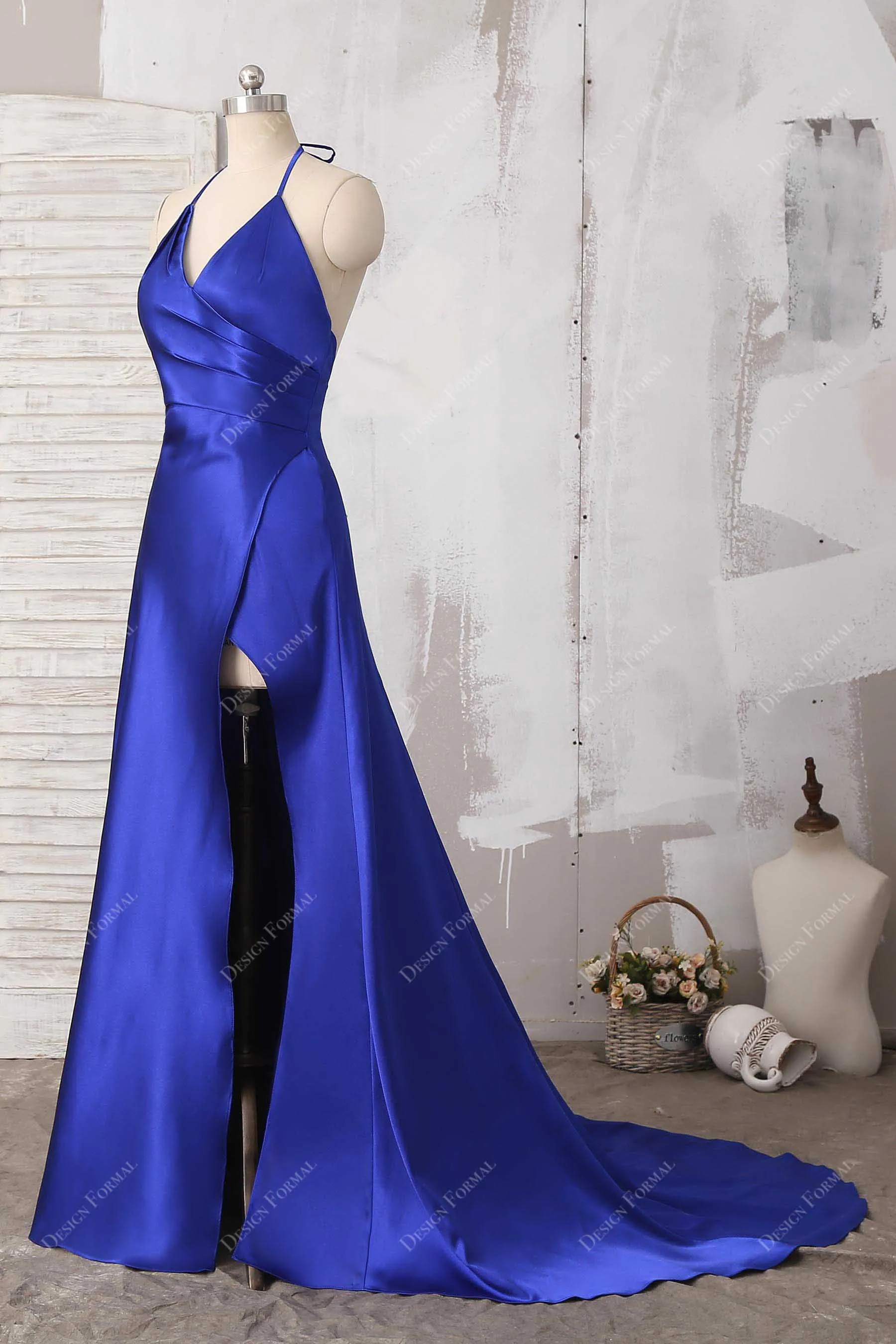 Royal Blue Satin Halter Thin Straps Sexy Slit Simple A-line Prom Dress