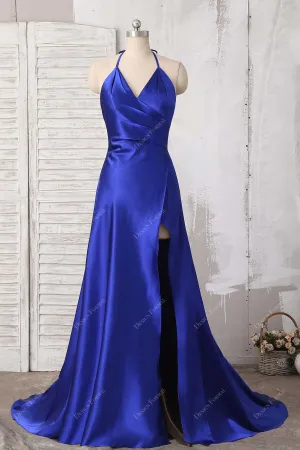 Royal Blue Satin Halter Thin Straps Sexy Slit Simple A-line Prom Dress