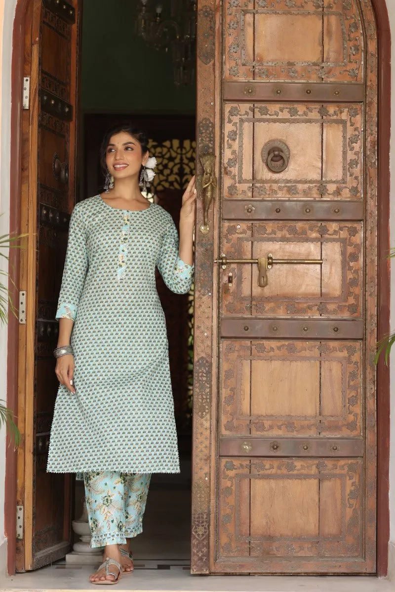 Sea Green Cotton Ethnic Motifs Printed Straight Kurta Set