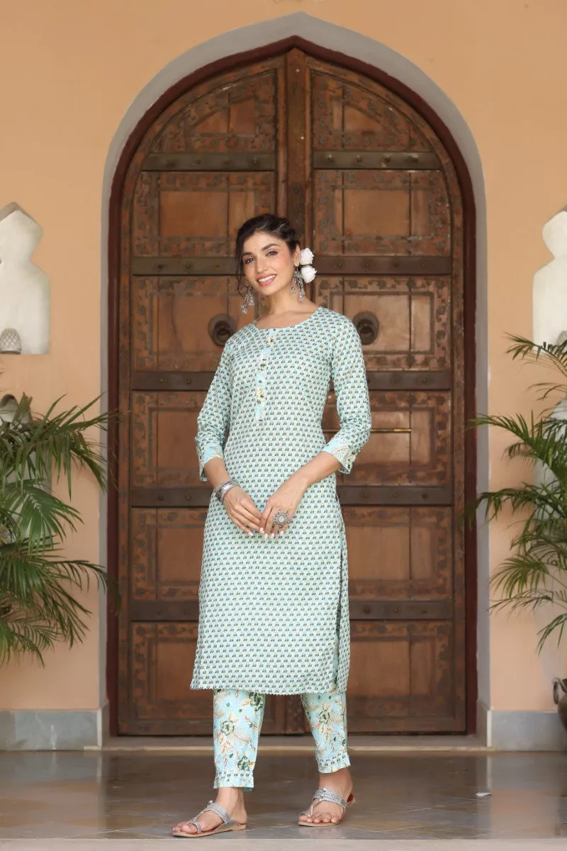 Sea Green Cotton Ethnic Motifs Printed Straight Kurta Set