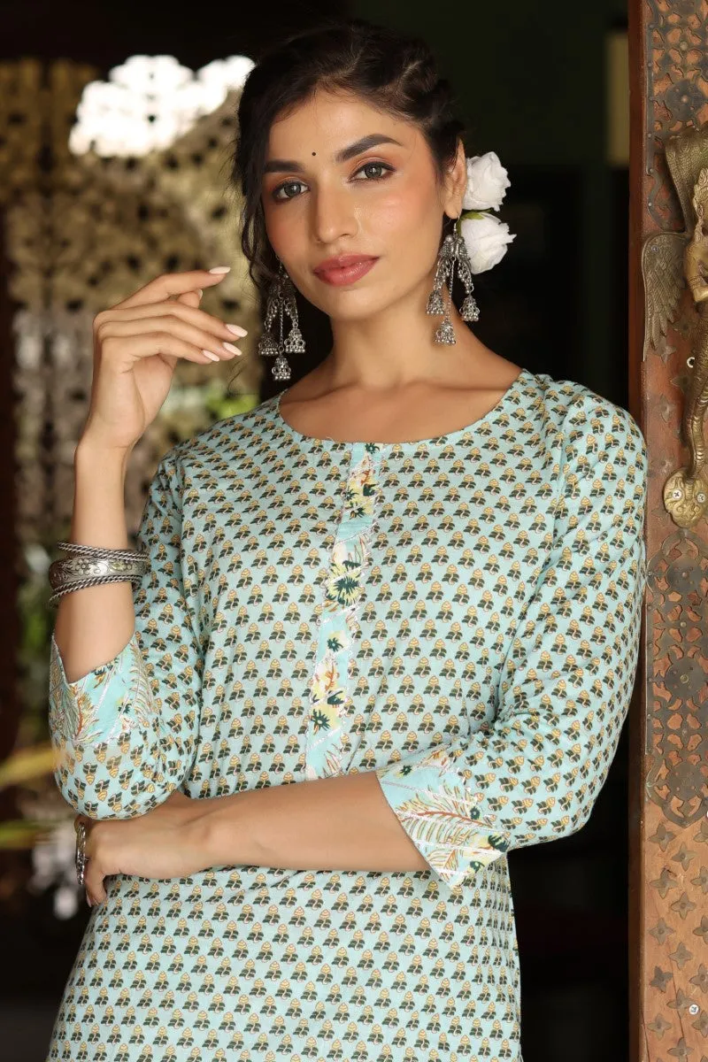 Sea Green Cotton Ethnic Motifs Printed Straight Kurta Set