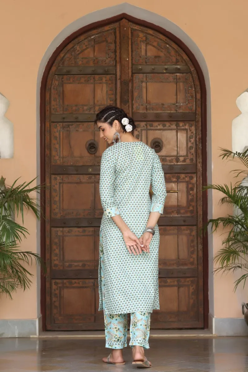 Sea Green Cotton Ethnic Motifs Printed Straight Kurta Set