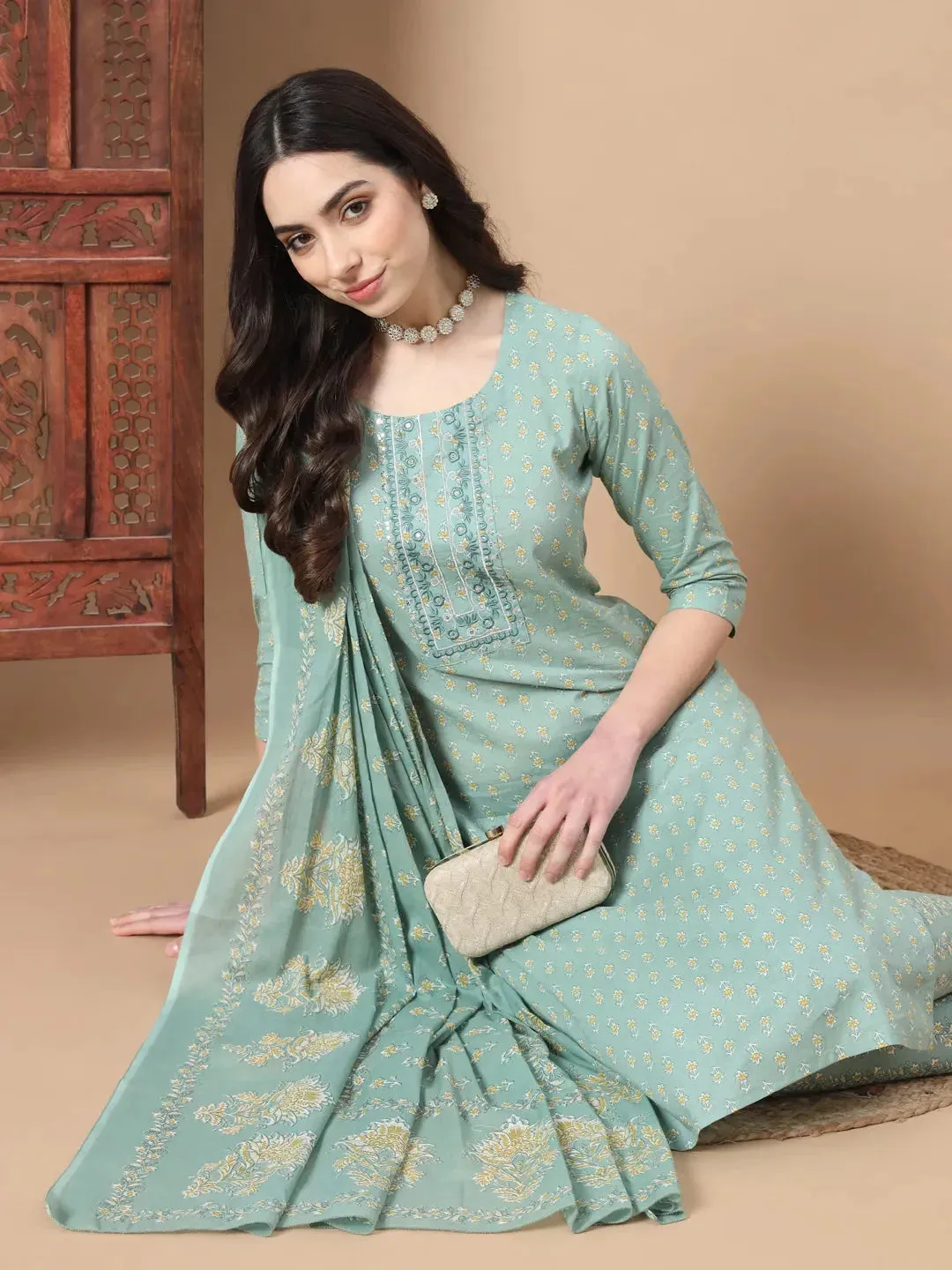 Sea Green Ethnic Motifs,Thread_Work Straight Kurta Trouser And Dupatta Set