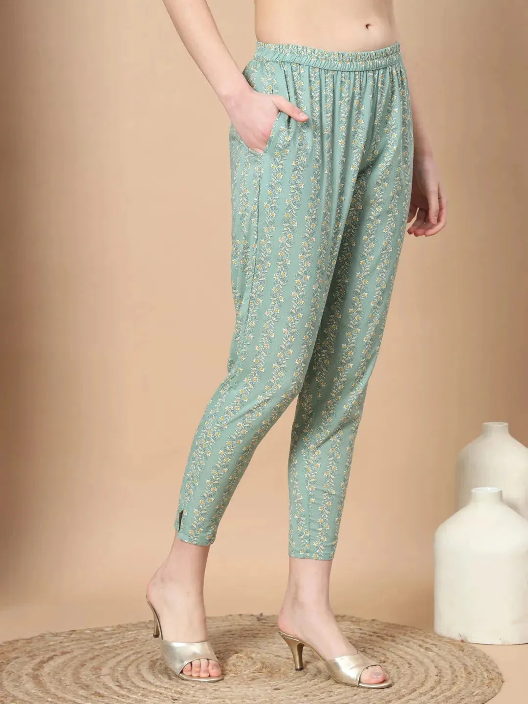 Sea Green Ethnic Motifs,Thread_Work Straight Kurta Trouser And Dupatta Set