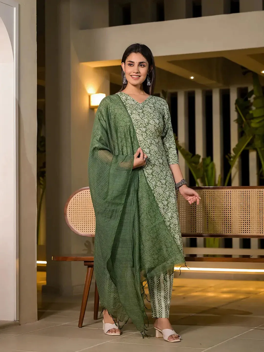 Sea Green Pure Cotton Floral Print Straight Kurta With Trousers And Dupatta Set