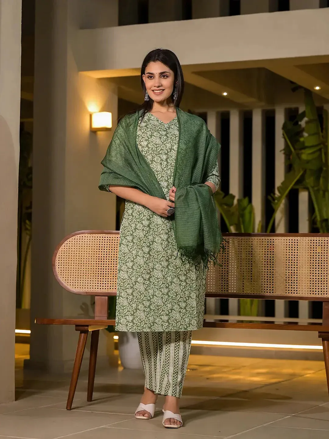 Sea Green Pure Cotton Floral Print Straight Kurta With Trousers And Dupatta Set