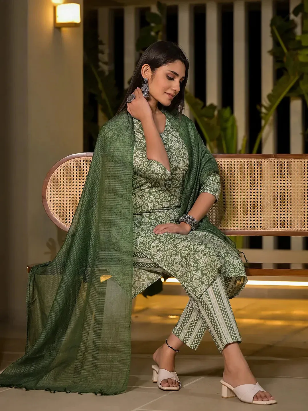 Sea Green Pure Cotton Floral Print Straight Kurta With Trousers And Dupatta Set