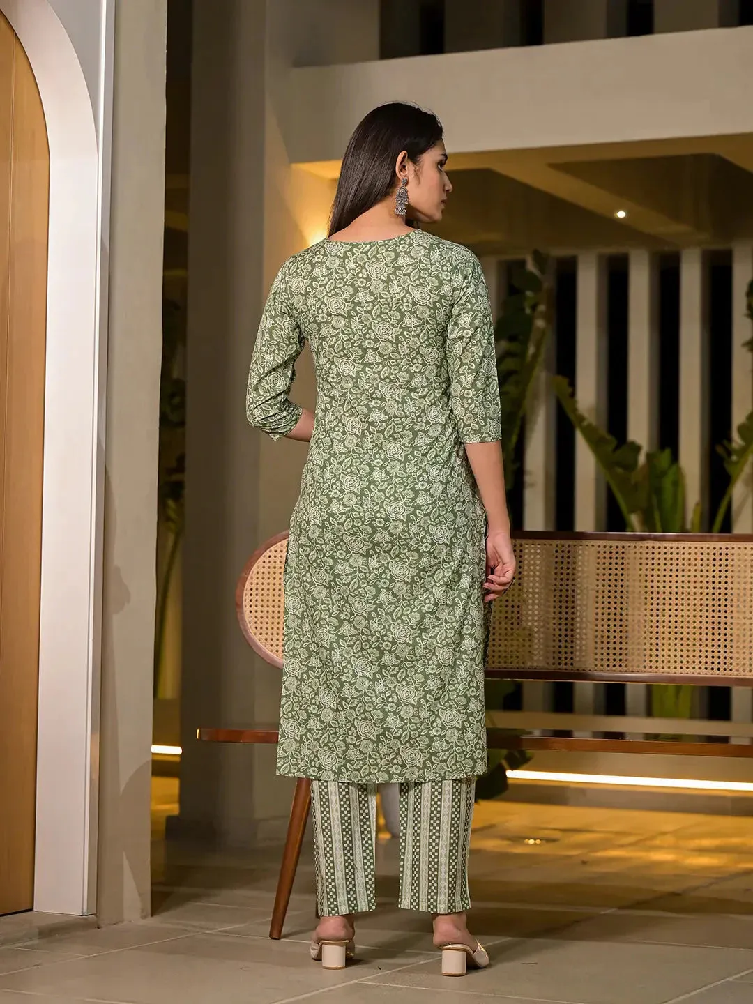 Sea Green Pure Cotton Floral Print Straight Kurta With Trousers And Dupatta Set