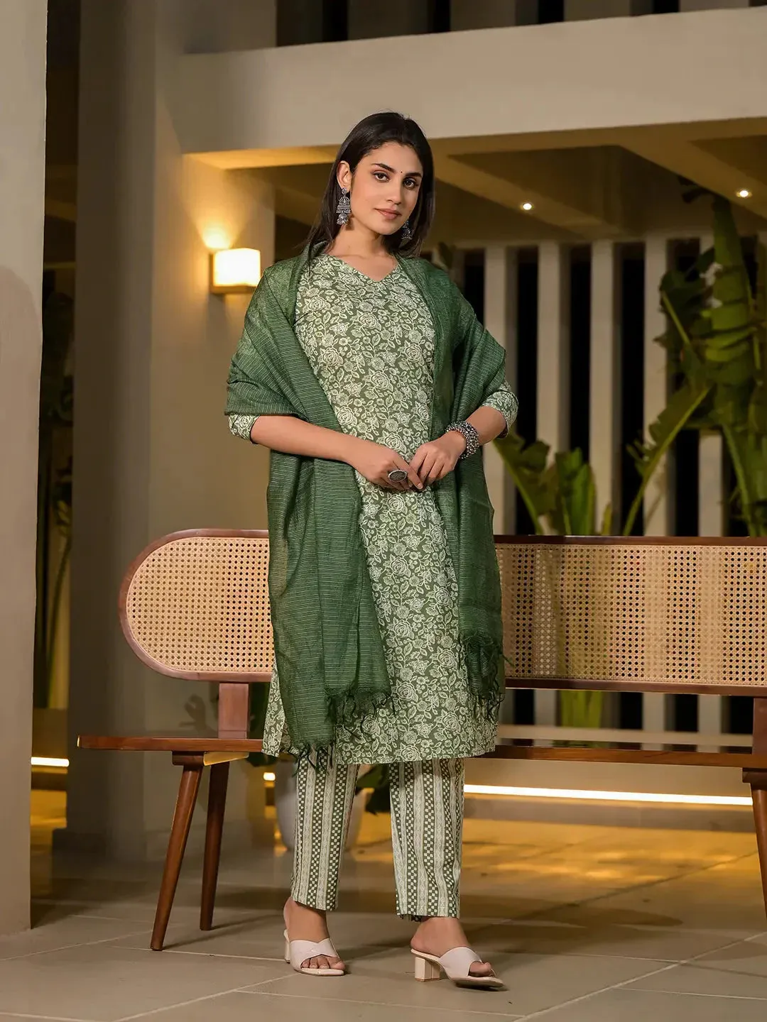 Sea Green Pure Cotton Floral Print Straight Kurta With Trousers And Dupatta Set