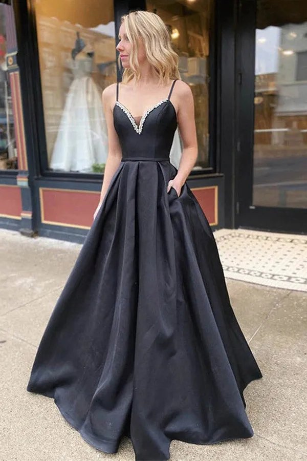 Simple A-line Black Spaghetti Straps Satin Prom Dresses