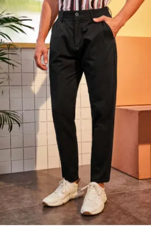 Solid Button Front Tapered Trousers