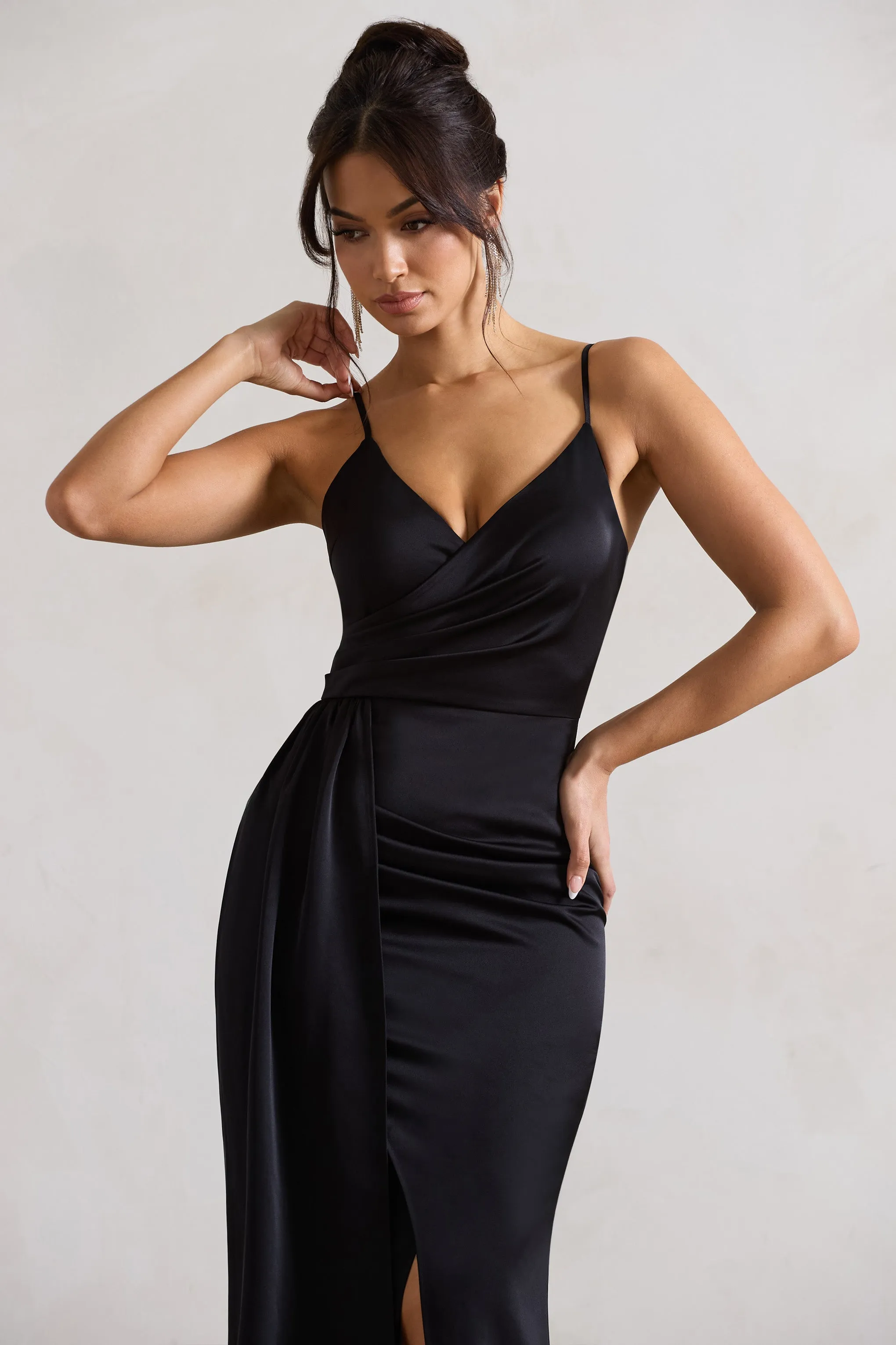 Soraya | Black Satin V-Neck Split Maxi Dress With Drape