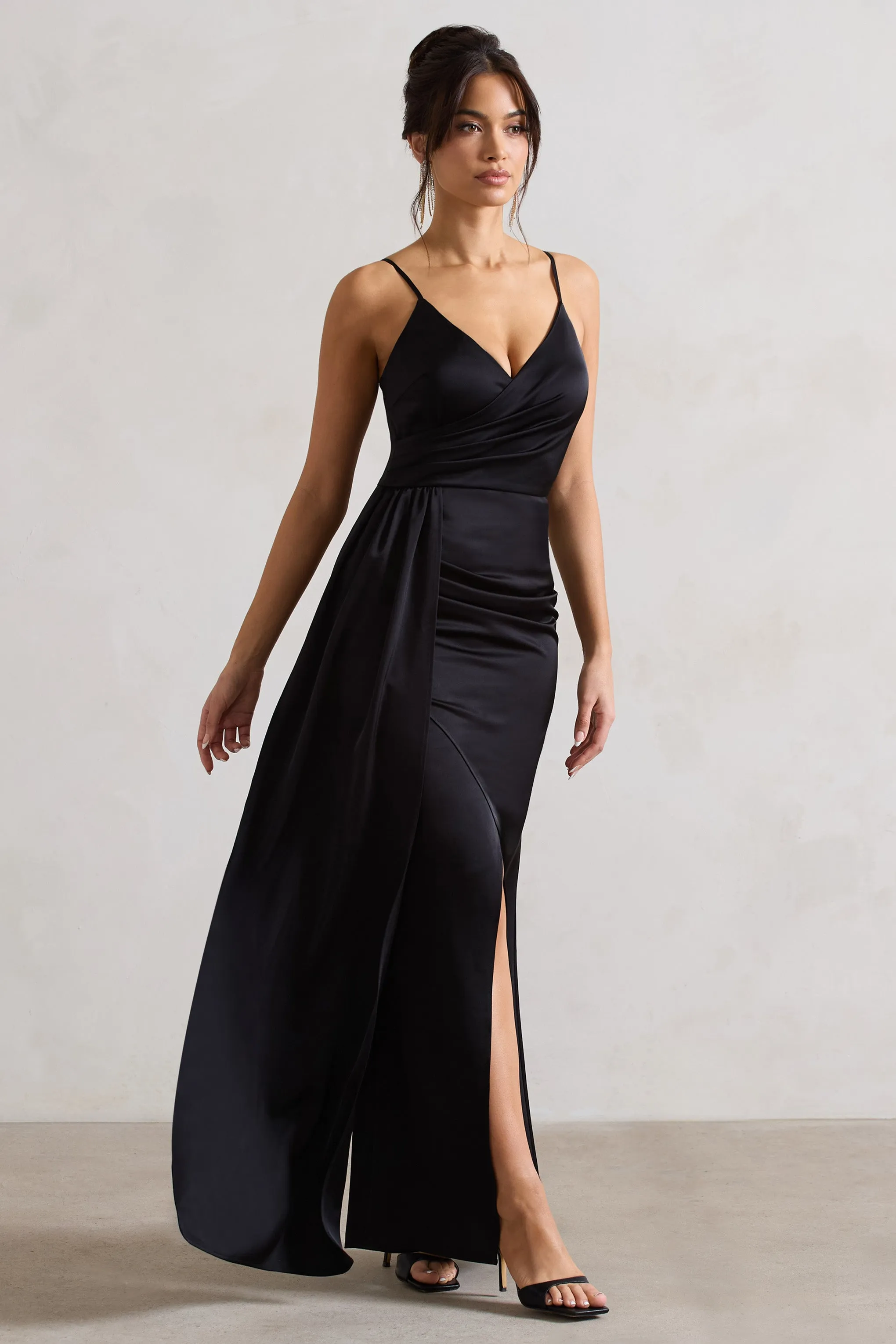 Soraya | Black Satin V-Neck Split Maxi Dress With Drape