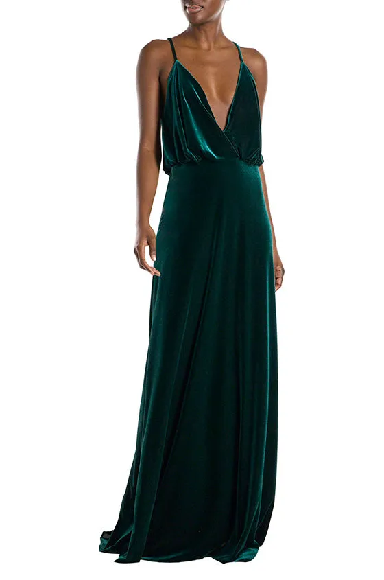 Spaghetti Strap Cowl Neck Velour Gown