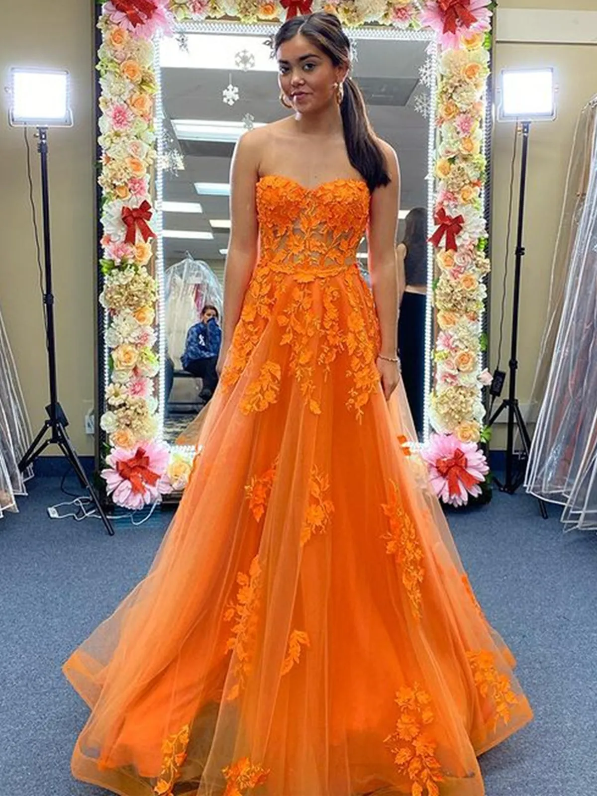 Strapless Sweetheart Neck Orange Tulle Lace Long Prom Dresses, Orange Lace Formal Evening Dresses