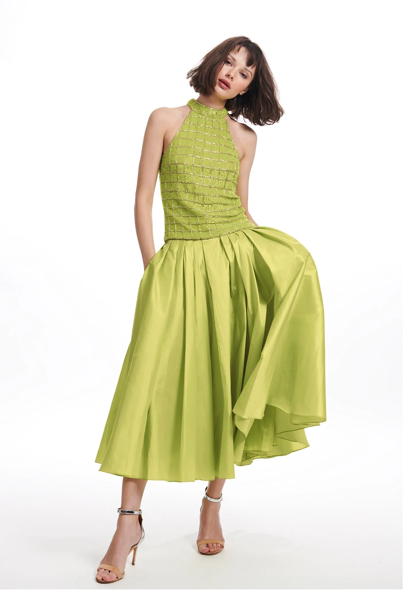 TAFFETA TEA LENGTH MIDI SKIRT TOMATO, GREEN APPLE AND SKY